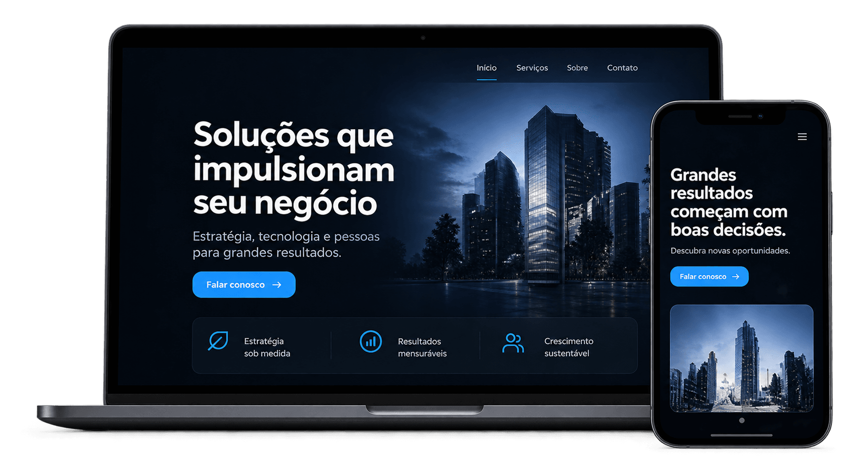 Exemplo de site profissional exibido em notebook e celular
